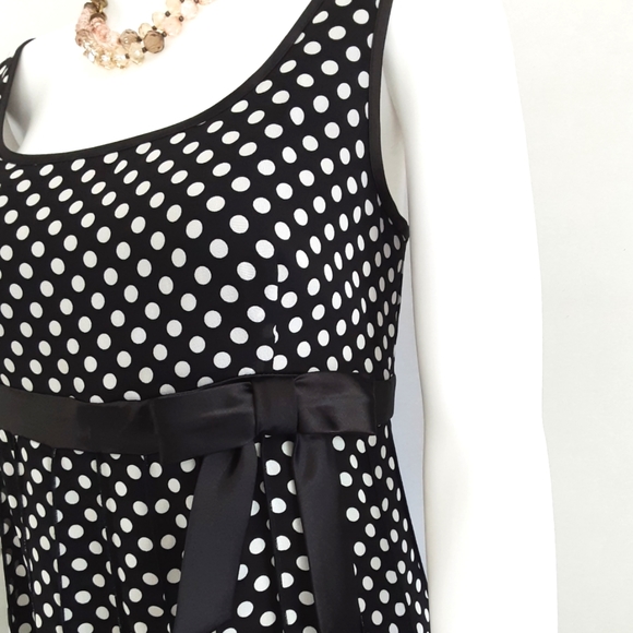 NWOT SANDRA DARREN BLACK WHITE POKE-A-DOT EMPIRE WAIST RUFFLED HEM DRESS SZ 8 - Picture 4 of 12
